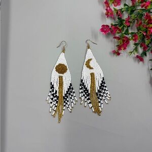 Handmade White, Gold & Black Beaded Moon and Sun Fringe Earrings